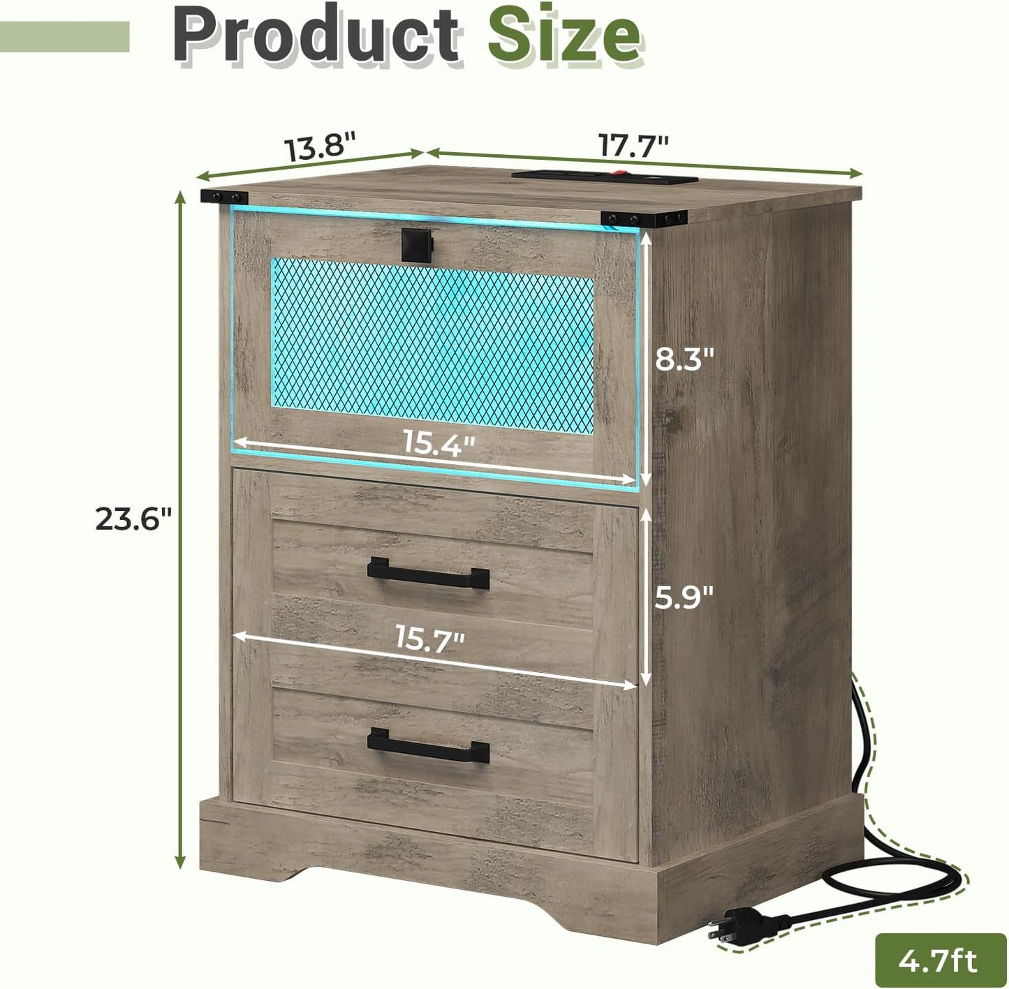 Farmhouse Night Stand with LED Lights and Charging Station, Rustic Oak Nightstand with 2 Drawers, and Cubby with Wire Mesh Door, Bedside End Table for Bedroom