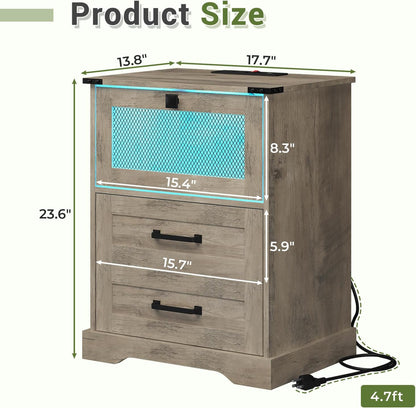 Farmhouse Night Stand with LED Lights and Charging Station, Rustic Oak Nightstand with 2 Drawers, and Cubby with Wire Mesh Door, Bedside End Table for Bedroom