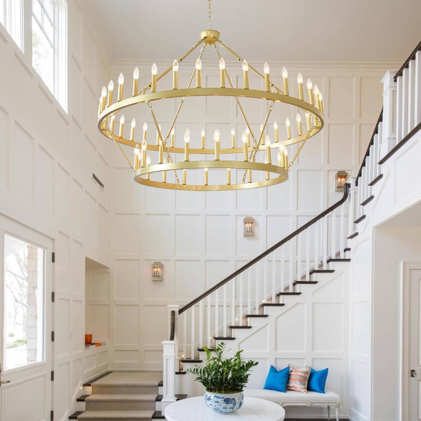 2 Tier Gold Wagon Wheel Chandelier 54-Light, 60 Inch Modern Large Foyer Lighting, Farmhouse Industrial Satin Gold Chandeliers for High Ceilings Dining Room Living Room Foyer Hall
