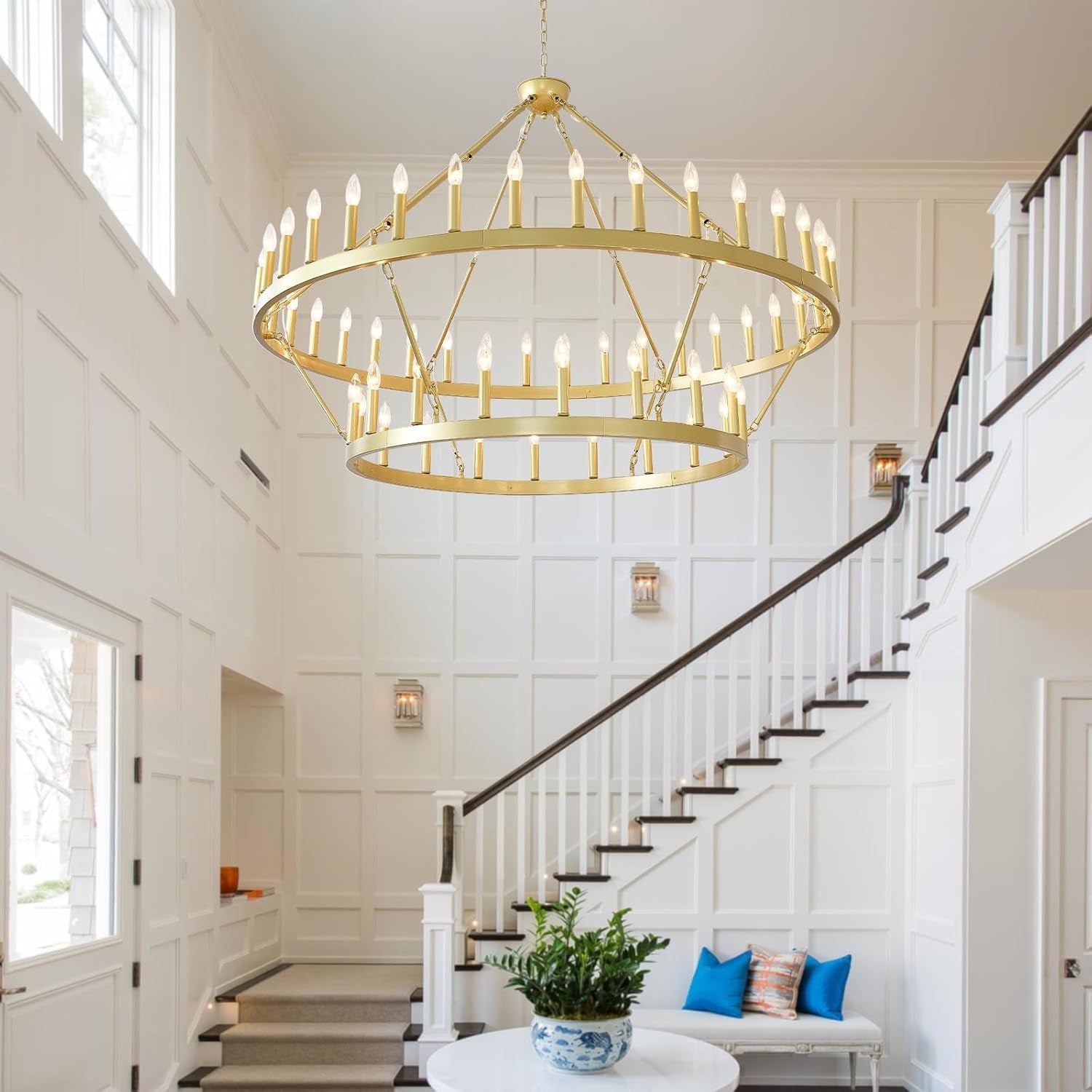 2 Tier Gold Wagon Wheel Chandelier 54-Light, 60 Inch Modern Large Foyer Lighting, Farmhouse Industrial Satin Gold Chandeliers for High Ceilings Dining Room Living Room Foyer Hall