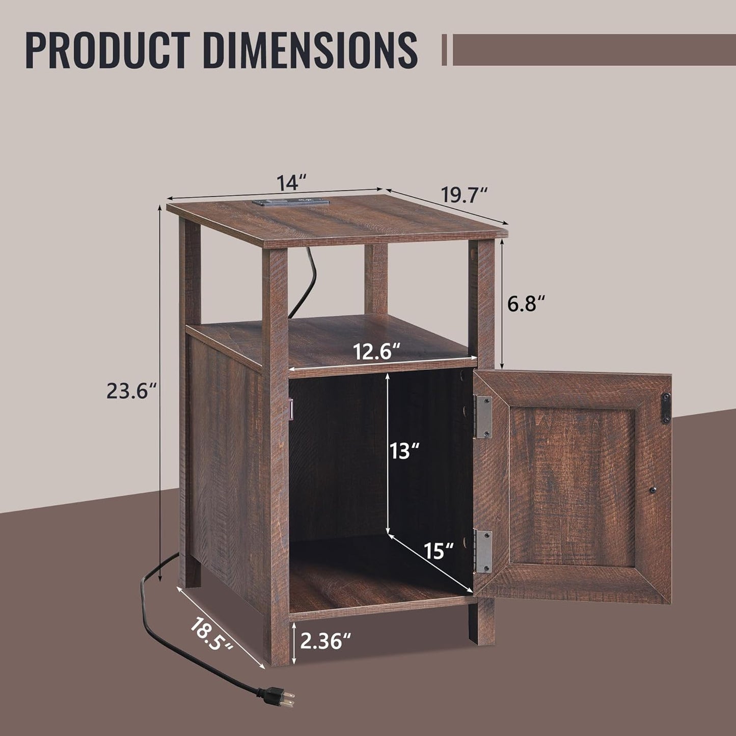 Farmhouse Nightstands Set of 2, Narrow Bedside Table with Charging Station, Night Stand Set 2 with Storage & Open Shelf, End Tables W/Groove Barn Door for Bedroom, Living Room-Brown