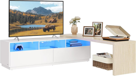 TV Stand with Power Outlet, Adjustable Length 63.8-106 Inches, Modular L-Shaped TV Console Table, LED Light, Fits Large Screen TV, for Living Room, Cloud White and Natural Beige ULTV126W01