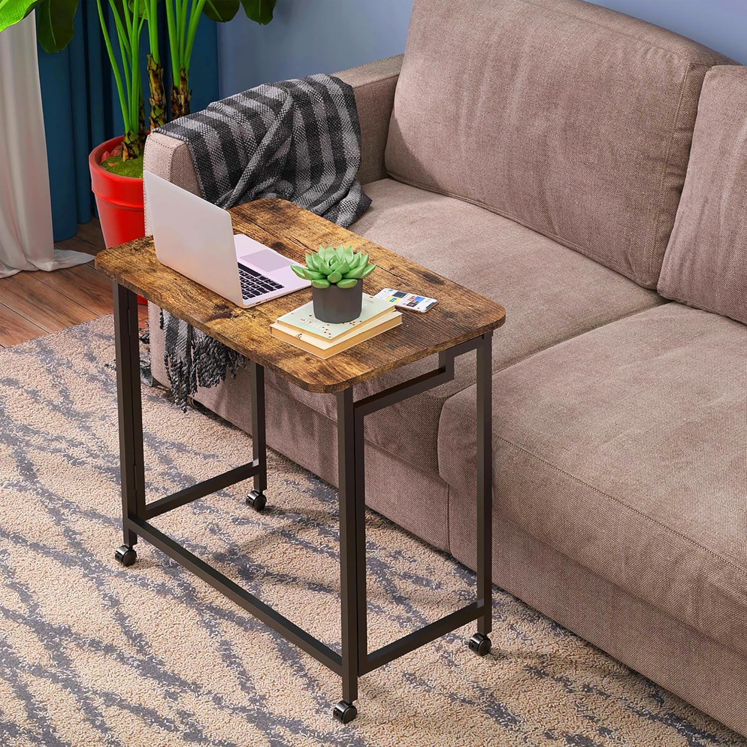 23.6" Mobile Small Rolling Computer Desk, Folding Laptop Cart Table with Wheels, Portable Office Desk for Small Space Couch Bed - Rustic Brown and Black