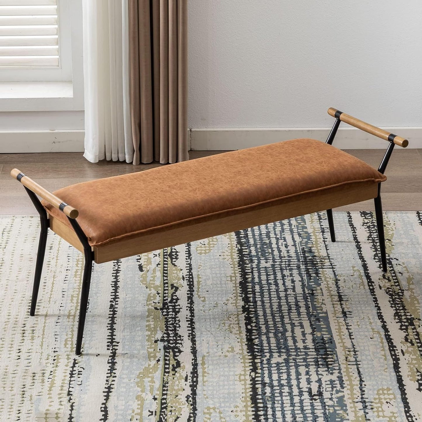 Modern Rectangle Ottoman Bench with Arms and Metal Legs, Mid Century PU Dining Table Bench Footstool Entryway Shoe Bench for Dining Room Bedroom Living Room, Brown