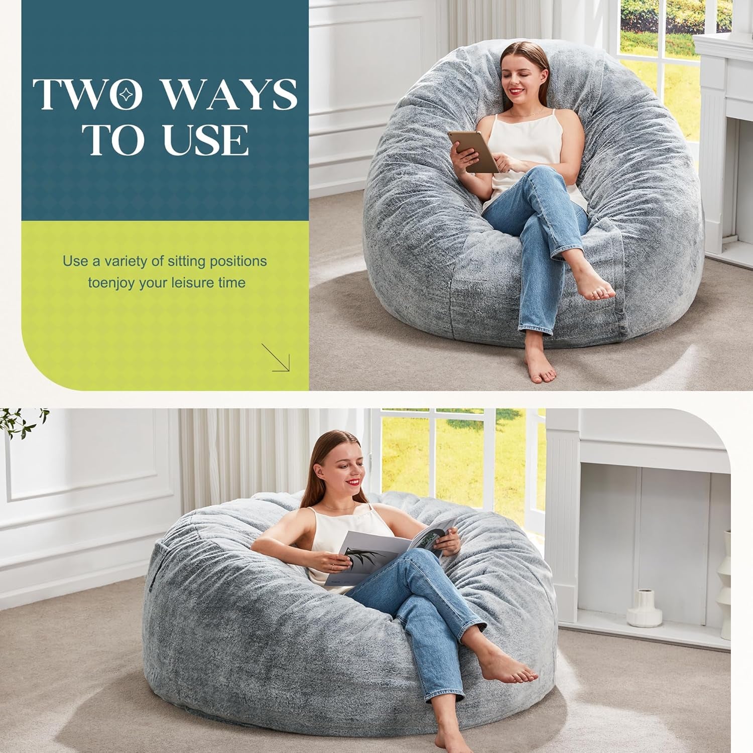 Bean Bag Chairs Giant Beanbag Chair with Filler, Memory Foam Bean Bags with Fluffy & Machine Washable Cover, Bean Bag Chairs for Aduts for Living Room, Bedroom (Grey, 4FT - 44” X 44” X 24”)
