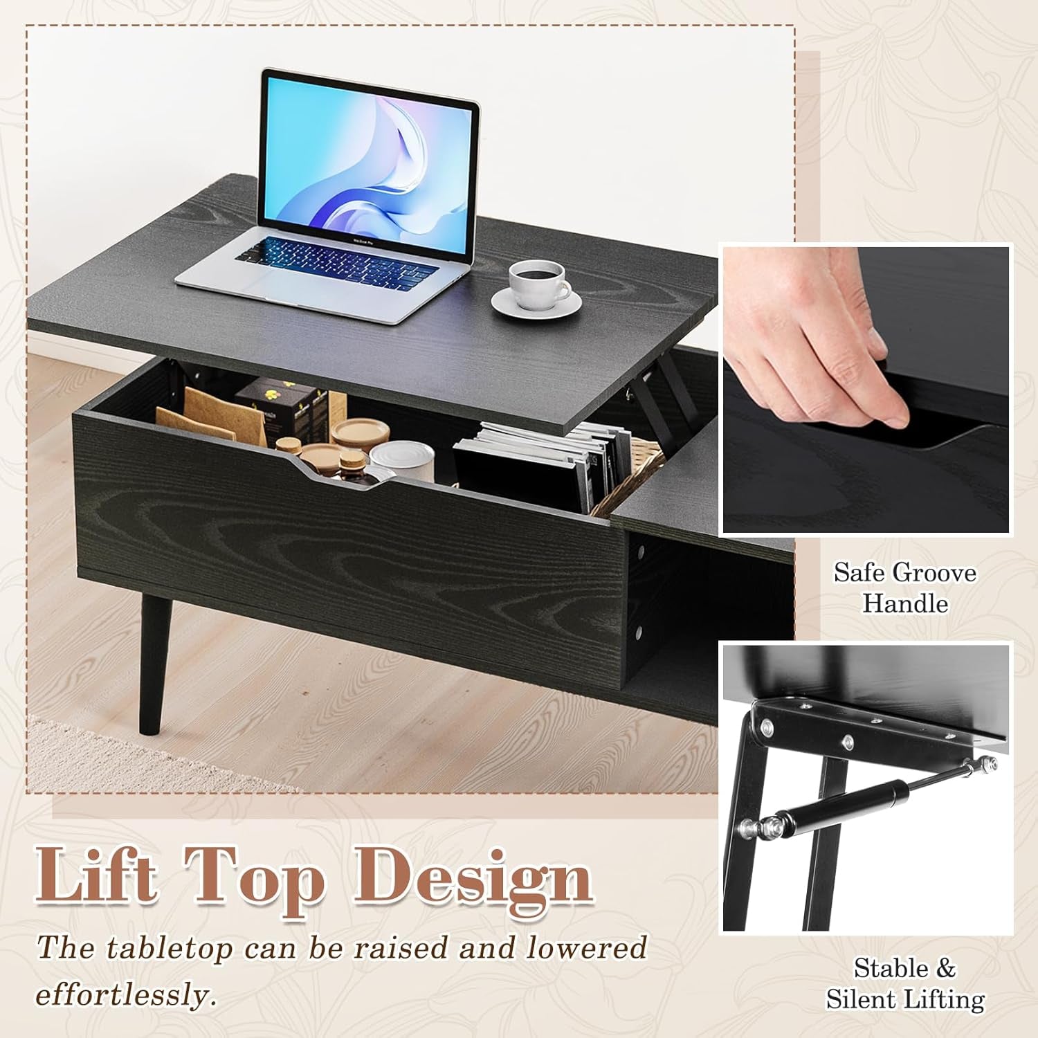 Wood Lift Top Coffee Table with Hidden Compartment and Large Storage Shelf, Lift Tabletop Dining Center Table for Home Living Room Office, Black