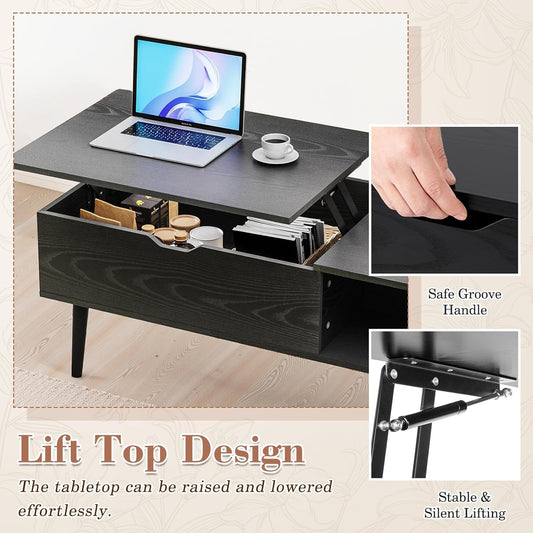 Wood Lift Top Coffee Table with Hidden Compartment and Large Storage Shelf, Lift Tabletop Dining Center Table for Home Living Room Office, Black