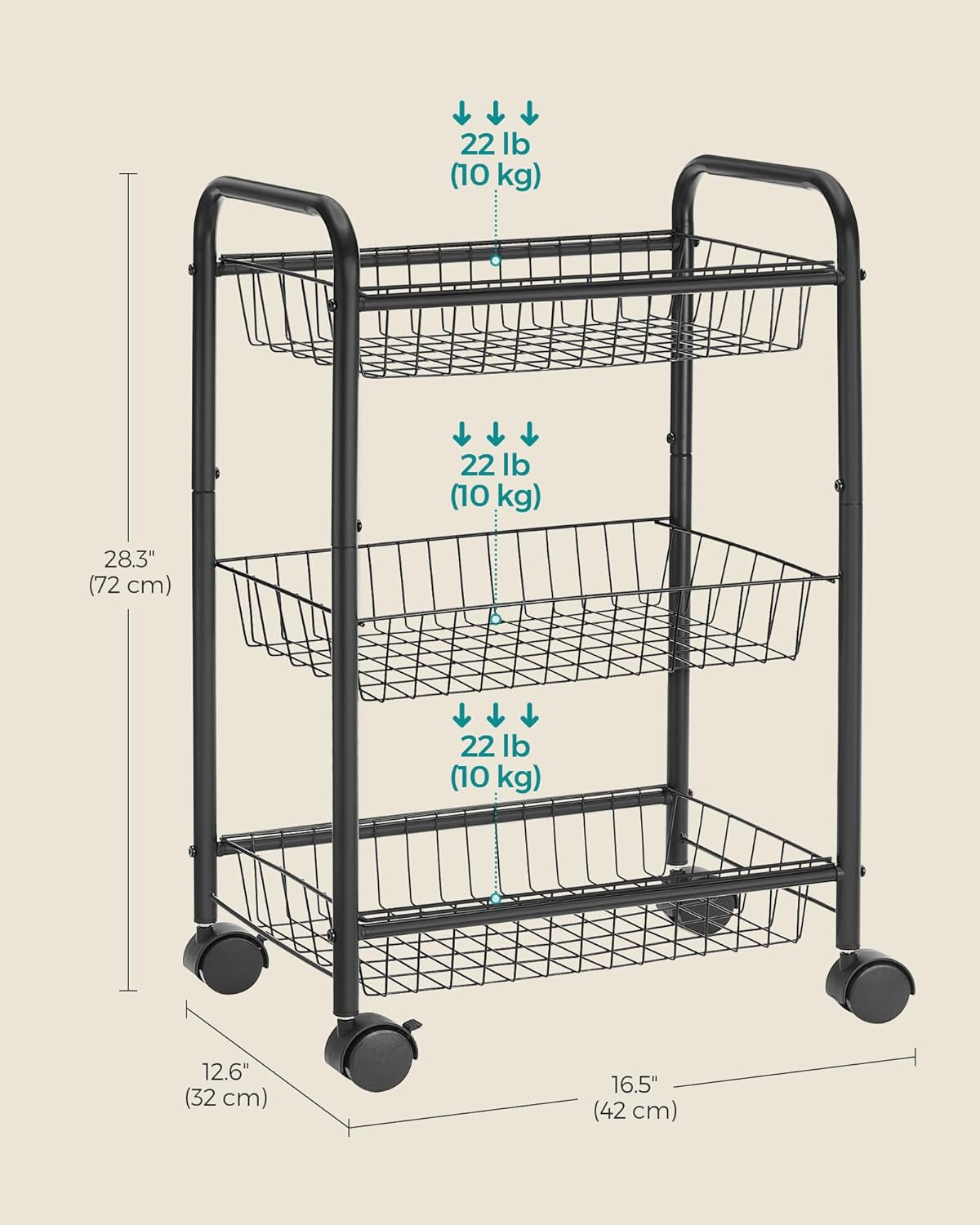 3-Tier Metal Rolling Cart on Wheels with Baskets, Lockable Utility Trolley with Handles for Kitchen Bathroom Closet, Storage with Removable Shelves, Black UBSC03BK