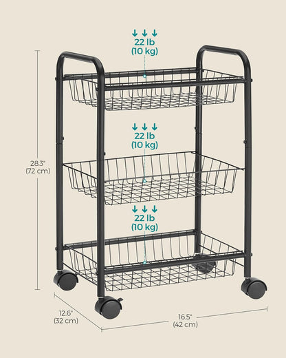 3-Tier Metal Rolling Cart on Wheels with Baskets, Lockable Utility Trolley with Handles for Kitchen Bathroom Closet, Storage with Removable Shelves, Black UBSC03BK