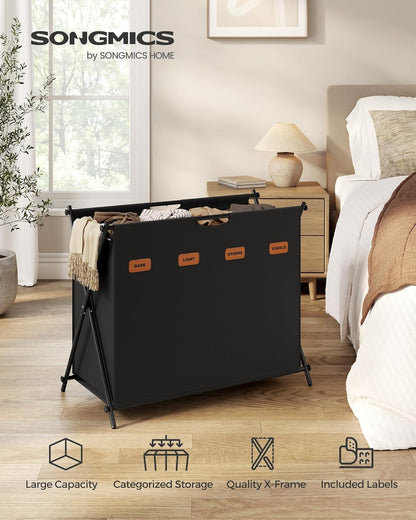 Laundry Hamper, Laundry Basket, 40.9 Gal. Laundry Sorter 4 Sections, Collapsible X-Frame, Clothes Organizer with Customizable Labels, Laundry Room, Bedroom, Bathroom, Ink Black ULCB140B01