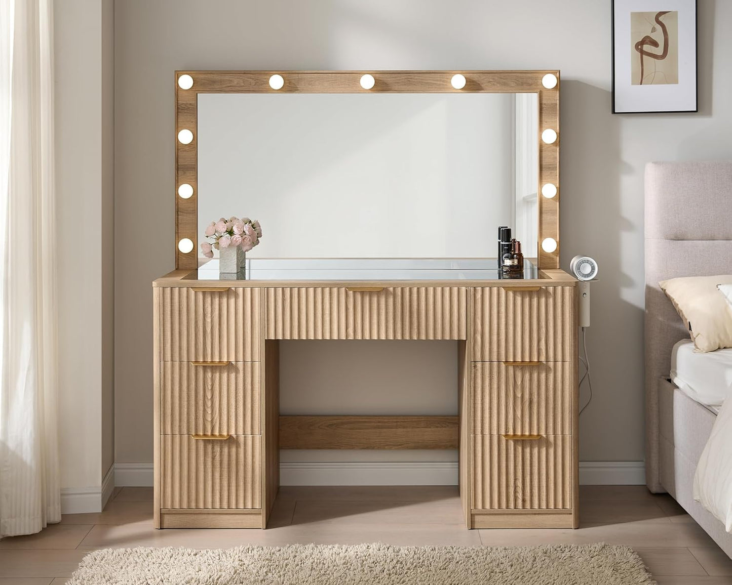47.2" Fluted Vanity Desk with Large Mirror and Adjustable LED Lights, 7 Drawers Makeup Table with Glass Top and Charging Station for Women and Girls, Bedroom or Dorm, Oak