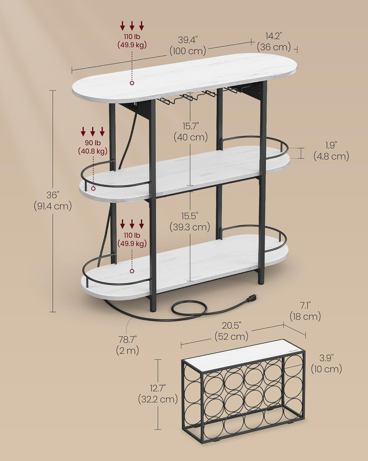 Bar Cabinets for Home, LED Coffee Bar with Power Outlets, Home Mini Bar for Liquor, Freestanding Wine Rack with Glass Holder, Kitchen, Dining Room, Rustic White ULWR007W01