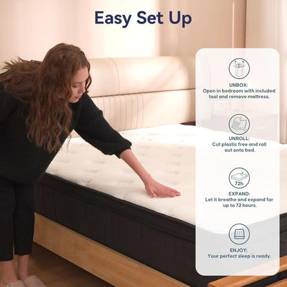 Queen Mattress 12 Inch, Hybrid Mattress in a Box, Individually Pocket Springs, Medium Firm Feel for Pressure Relief, Breathable Comfort, Certipur-Us Certified, Gray&White
