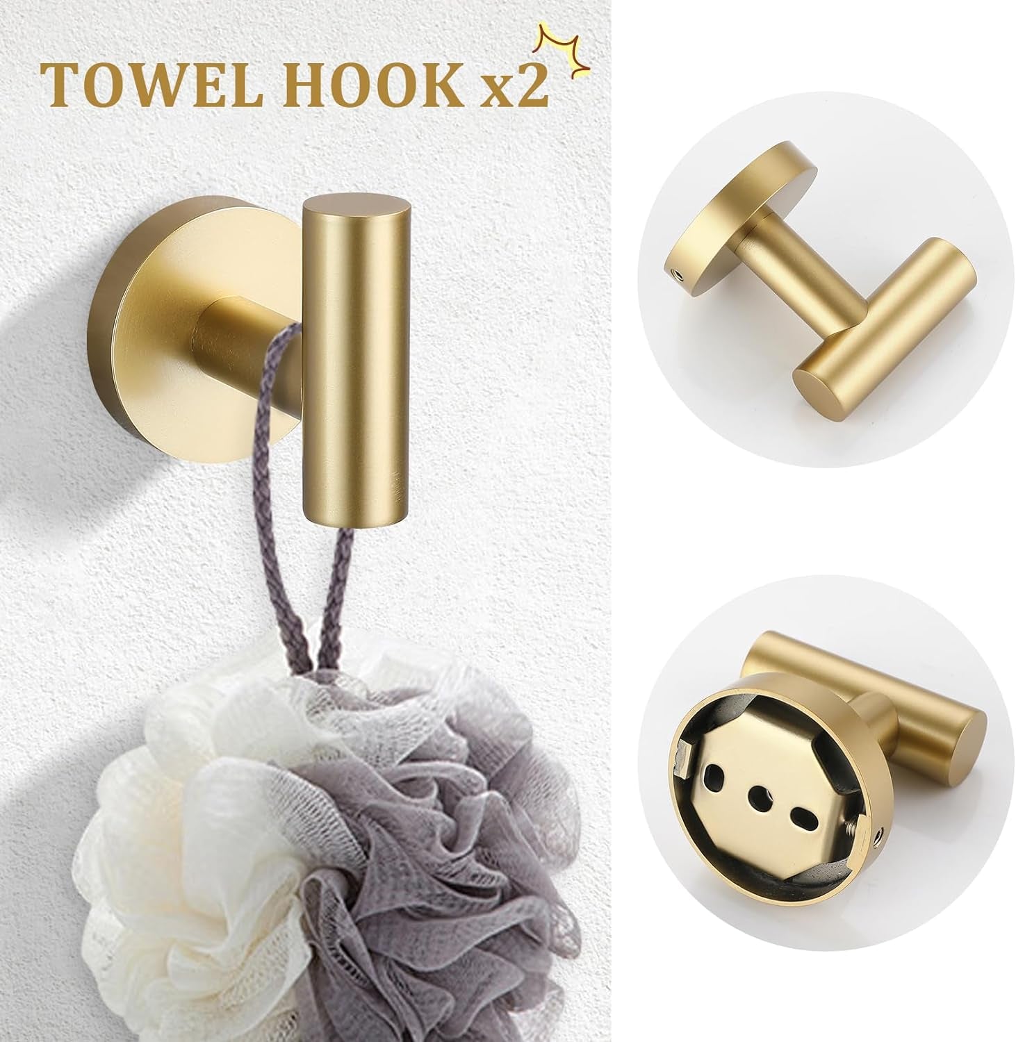 Brushed Gold 5 Piece Bathroom Hardware Set, SUS304 Stainless Steel 24 Inch Bath Towel Bar Set, round Bathroom Accessories Kit Wall Mounted