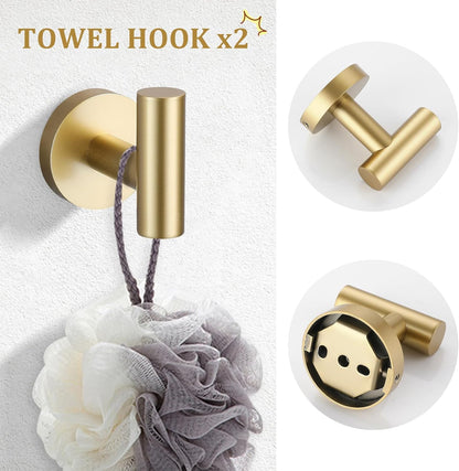 Brushed Gold 5 Piece Bathroom Hardware Set, SUS304 Stainless Steel 24 Inch Bath Towel Bar Set, round Bathroom Accessories Kit Wall Mounted