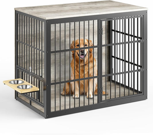 48'' XXL Dog Crate Furniture with Rotating Feeder, Large Wooden Crate End Table, Heavy Duty Indoor Kennel Cage for Medium to Large Dogs, Grey