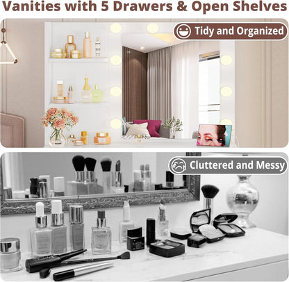 Vanity Desk with Mirror and Lights, Small Makeup Vanity Table with 5 Drawers, Power Outlet, and Vanity Stool, 3 Lighting Colors, Dressing Table for Women Girls Bedroom, White