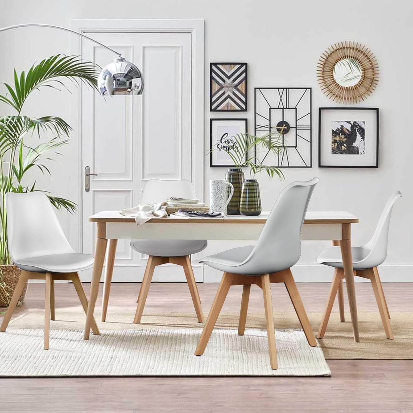 Set of 4 Dining Kitchen Mid-Century Modern Chairs with Wood Legs and PU Leather Cushion for Living Room Bedroom Outdoor Lounge, White