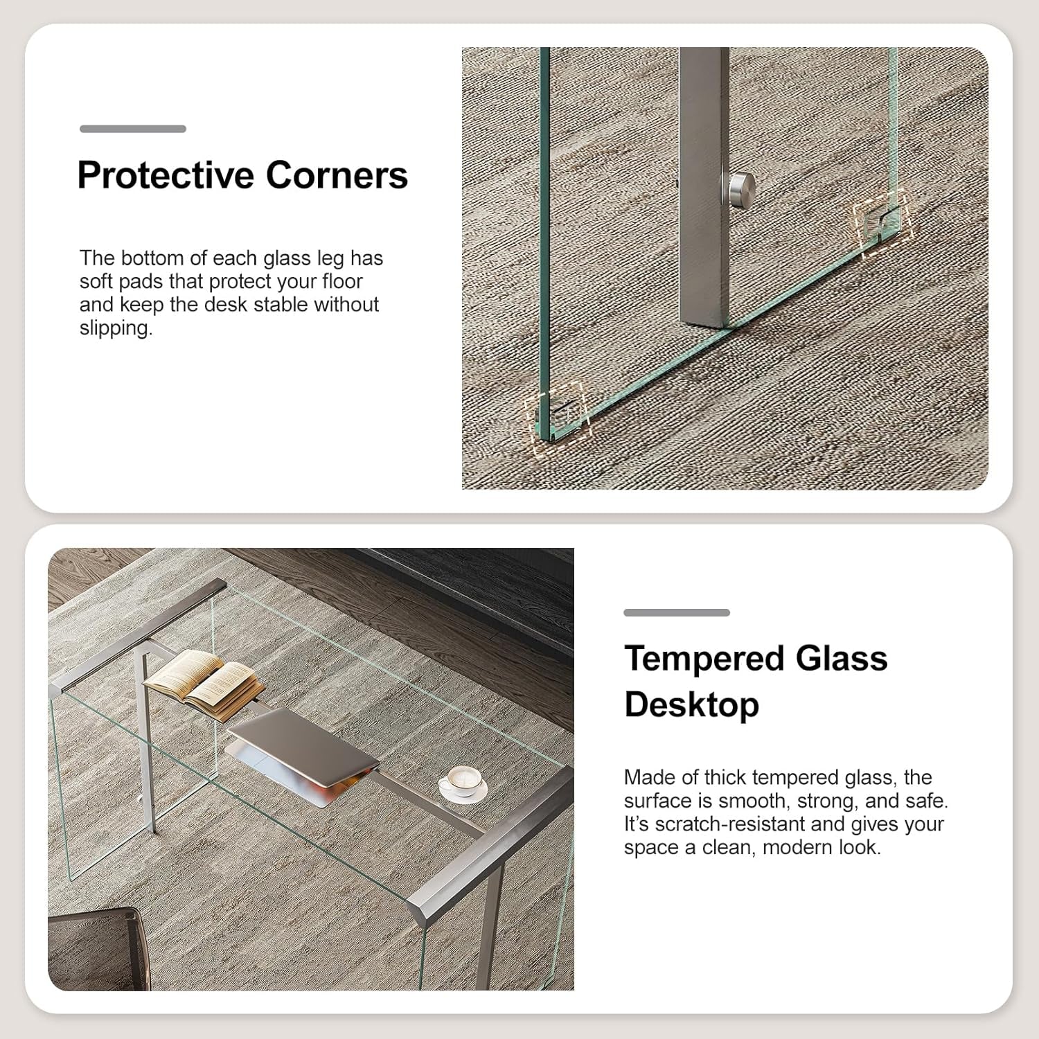 Modern Clear Tempered Glass Computer Desk, 51.2" Home Office Writing Desk with Metal Frame, Minimalist Transparent Executive Desk for Gaming, Study