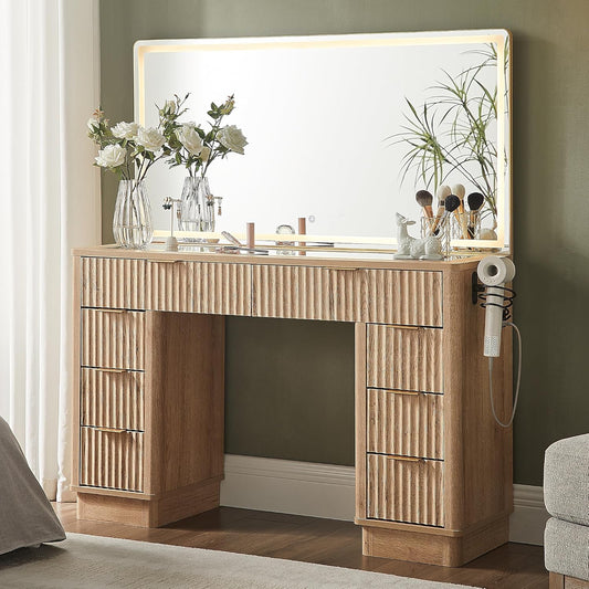 48" Fluted Makeup Vanity Desk with Large Led Lighted Mirror, Modern Vanity Table with 8 Drawers & Charging Station, Glass Top Dressing Table for Bedroom, Natural Oak