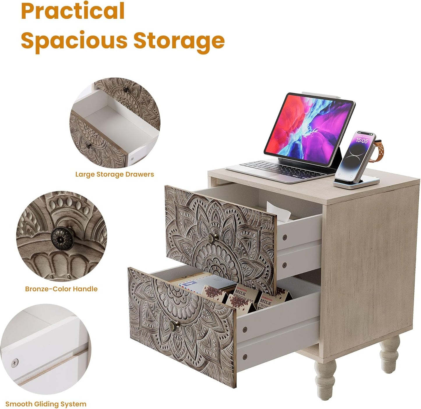 White Nightstands Set 2, Vintage Nightstands with 2 Drawers, Farmhouse Bedside Tables Set of 2, Easy to Assemble End Tables with Lotus Pattern for Small Spaces, Bedroom, Guest Room, White