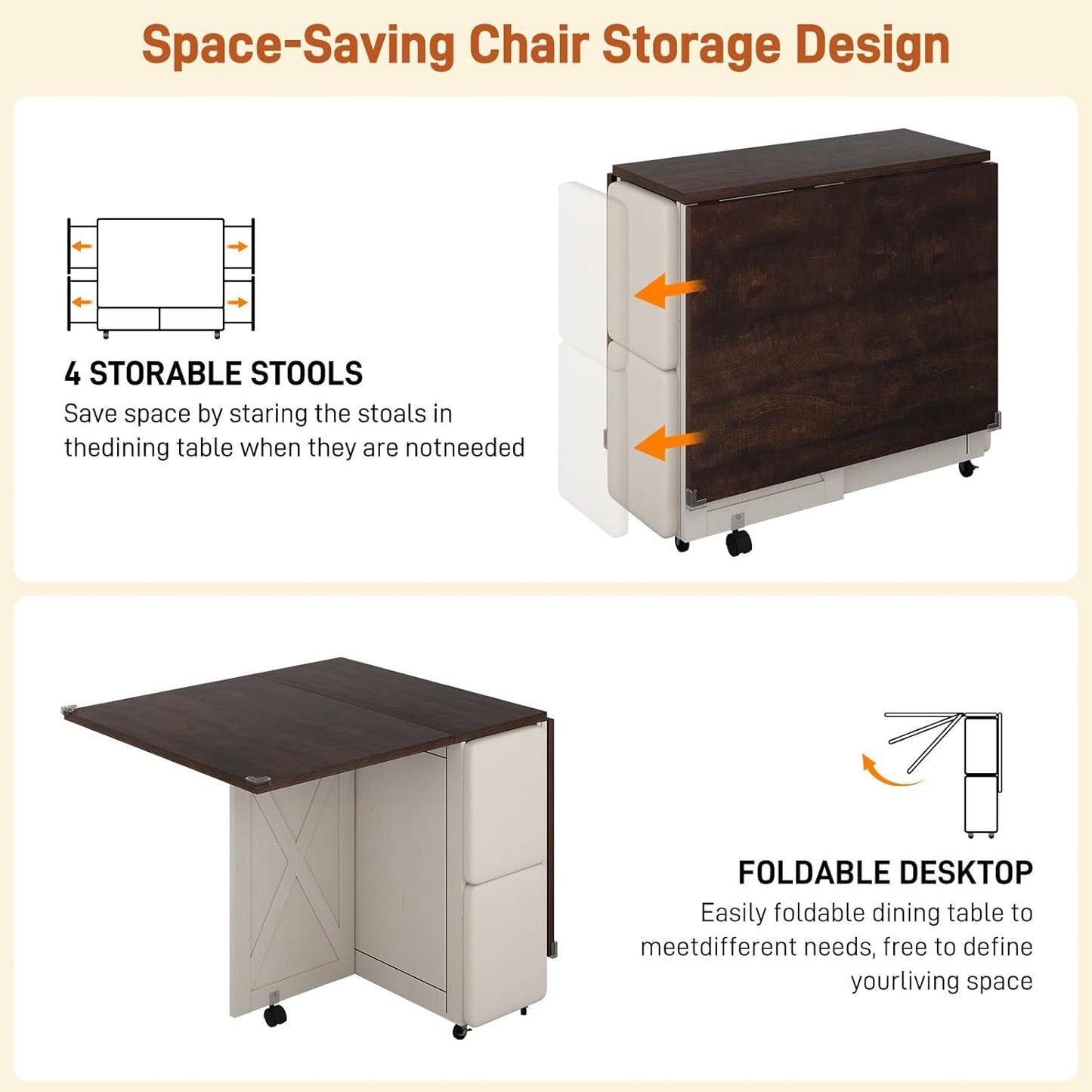 5 PCS Farmhouse Dining Table Set for 4,60" Large Folding Dining Table Set W/ 4 Leather Chairs, Drop Leaf Foldable Kitchen Table for Small Spaces,Barn Door Design,6 Wheels,2-Layer Storage Shelf,Brown