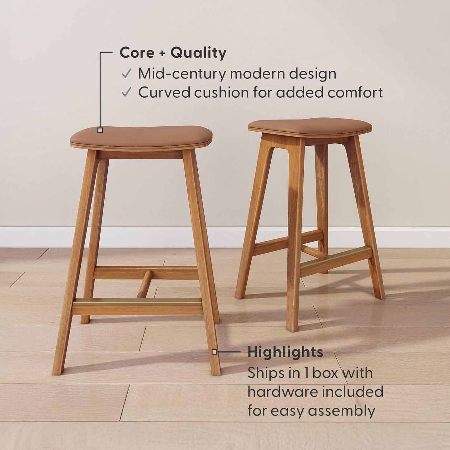 Beryl Counter Height Stool - Mid-Century Modern Rubberwood Bar Stool with Faux Leather Seat, Metal Footrest, Easy Assembly, 2-Pack, Pecan/Toffee
