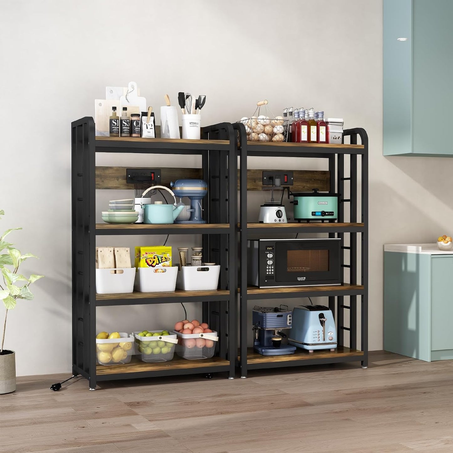 Bakers Rack with Power Outlet ，4-Tier Kitchen Baker'S Rack,Microwave Stand with Storage Suitable for Kitchen, Living Room, Dinning Room，Coffee Bar(Rustic Brown)