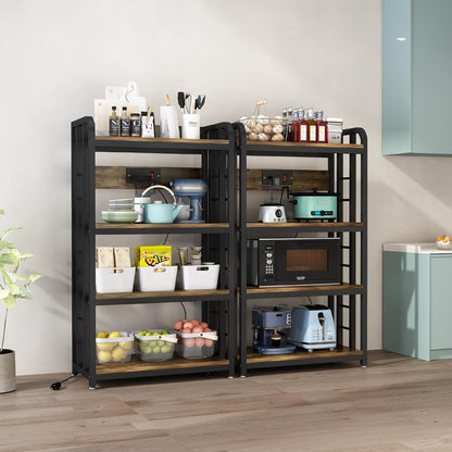 Bakers Rack with Power Outlet ，4-Tier Kitchen Baker'S Rack,Microwave Stand with Storage Suitable for Kitchen, Living Room, Dinning Room，Coffee Bar(Rustic Brown)