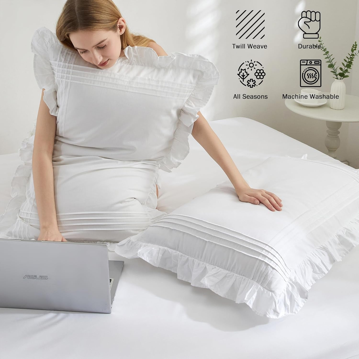 Ruffled Pillow Shams King Size Set of 2, 100% Cotton White Ruffle Pillow Cases with Pintucks, Farmhouse French Shabby Chic Pillowcases for Bedding, 20X36 Inch