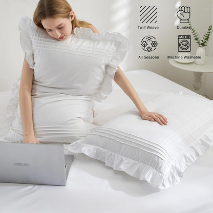 Ruffled Pillow Shams King Size Set of 2, 100% Cotton White Ruffle Pillow Cases with Pintucks, Farmhouse French Shabby Chic Pillowcases for Bedding, 20X36 Inch