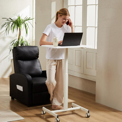 Small Standing Desk Mobile Portable Rolling Laptop PC Table on Wheels Adjustable Height Computer Workstation for Home Office, 19 Inch, Modern White