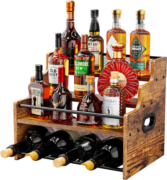 4-Tier Wood Display Shelf, Black Modern Bottle Organizer, Countertop Bar Stand for Liquor, Coffee Syrup, (Brown)