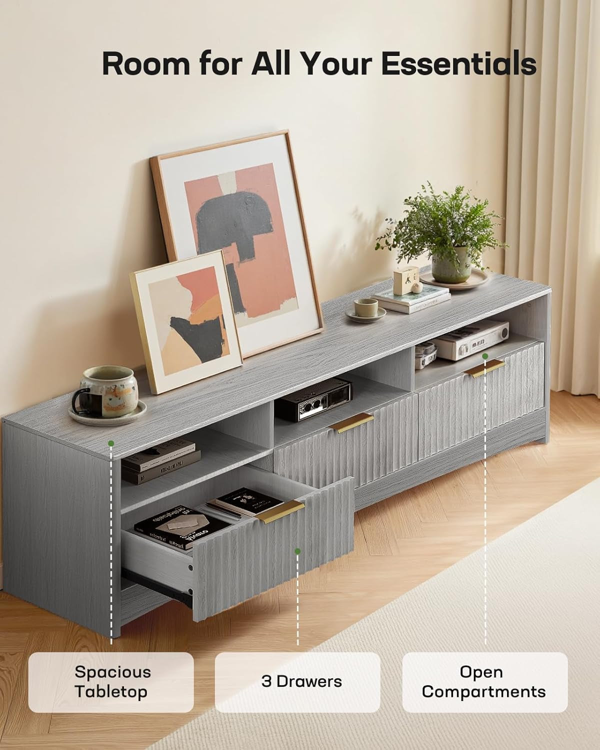 59″ Wide TV Stand for Tvs up to 65″, Modern Entertainment Center with Fluted Panels, 3 Easy-Sliding Drawers, Open Shelves & Cable Hole, Sturdy 3-Tier TV Stands for Living Room & Bedroom, Grey