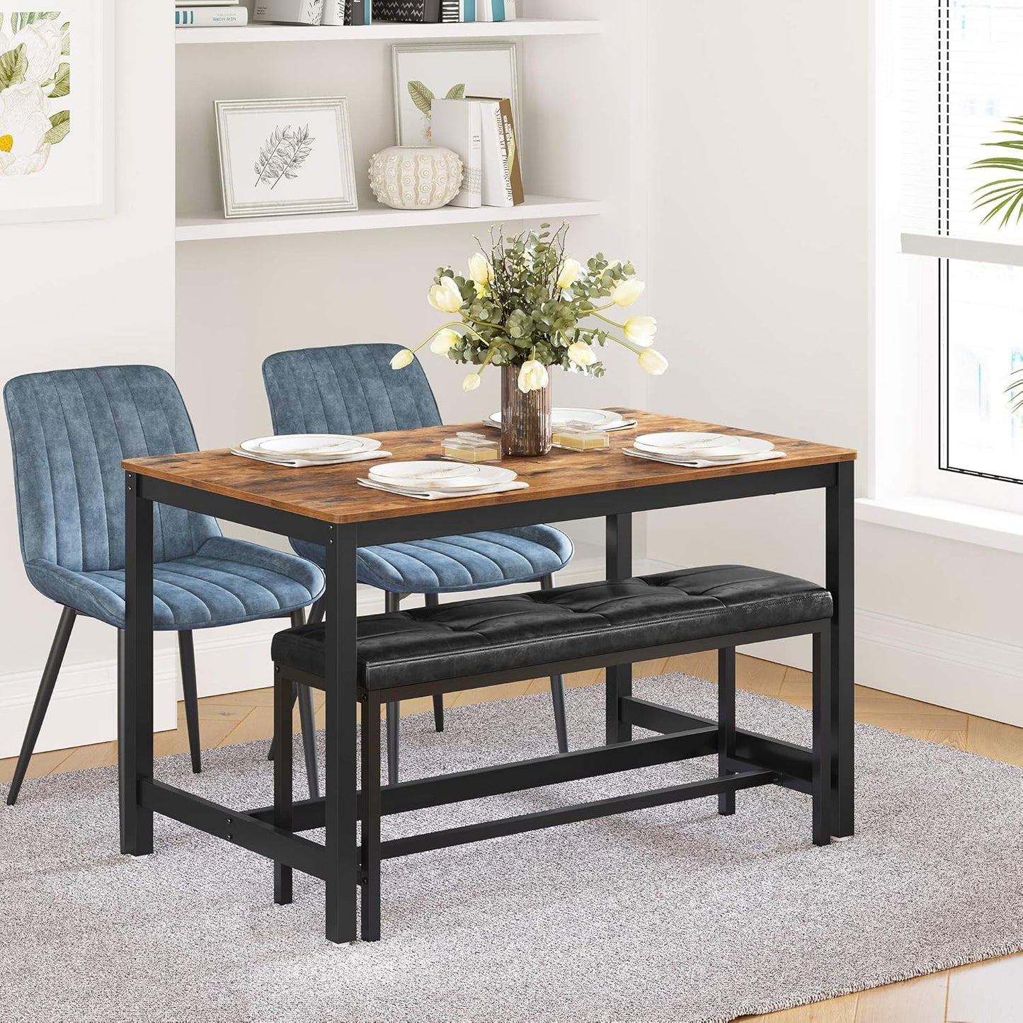 Dining Table Bench, Ottoman Bench with PU Leather Padded Seat, Steel Frame, 42.5 X 12.8 X 18.9 Inches, for Dining Room, Living Room, Hallway, Bedroom, Black UKTB034B81