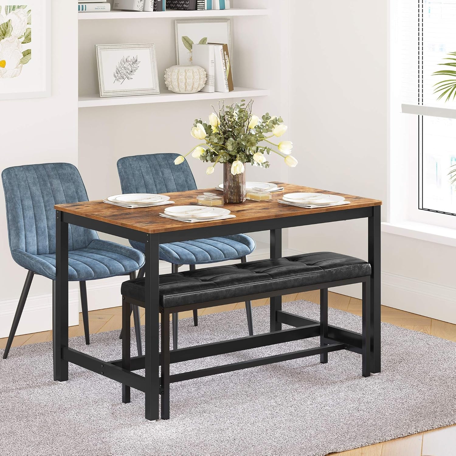 Dining Table Bench, Ottoman Bench with PU Leather Padded Seat, Steel Frame, 42.5 X 12.8 X 18.9 Inches, for Dining Room, Living Room, Hallway, Bedroom, Black UKTB034B81