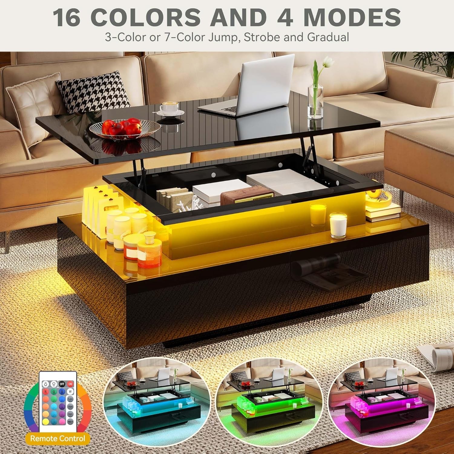 LED Lift Top Coffee Tables for Living Room, Rectangular Coffee Table with 4 Spacious Drawers, Modern Center Table with Lifting Top for Home Decor, Black