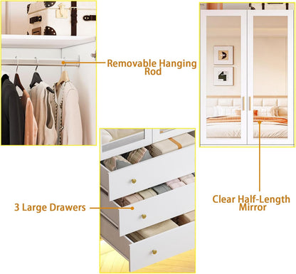 75" Tall 4 Doors Armoire Wardrobe Closet with 3 Drawers, Wooden Wardrobe Cabinet with LED Lights & Mirror, Freestanding Clothing Storage Cabinet with Hanging Rod, Adjustable Shelves
