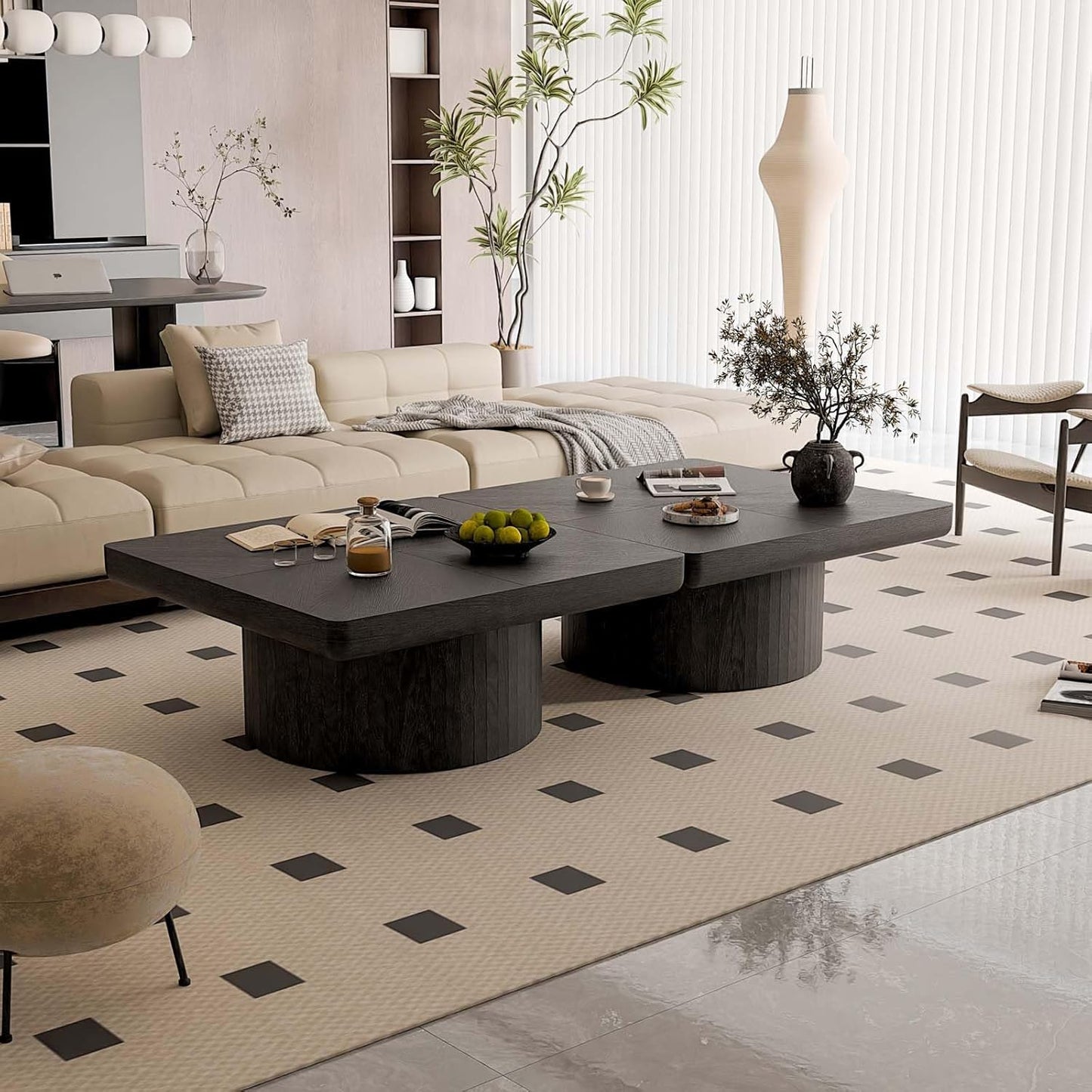 Modern Square Coffee Table with Cylindrical Base, Wood Coffee Table with Parquet Pattern & Thickened Tabletop, Center Table Tea Table for Living Room Apartment, 34.6''L×34.6''W×14.9''H, Black