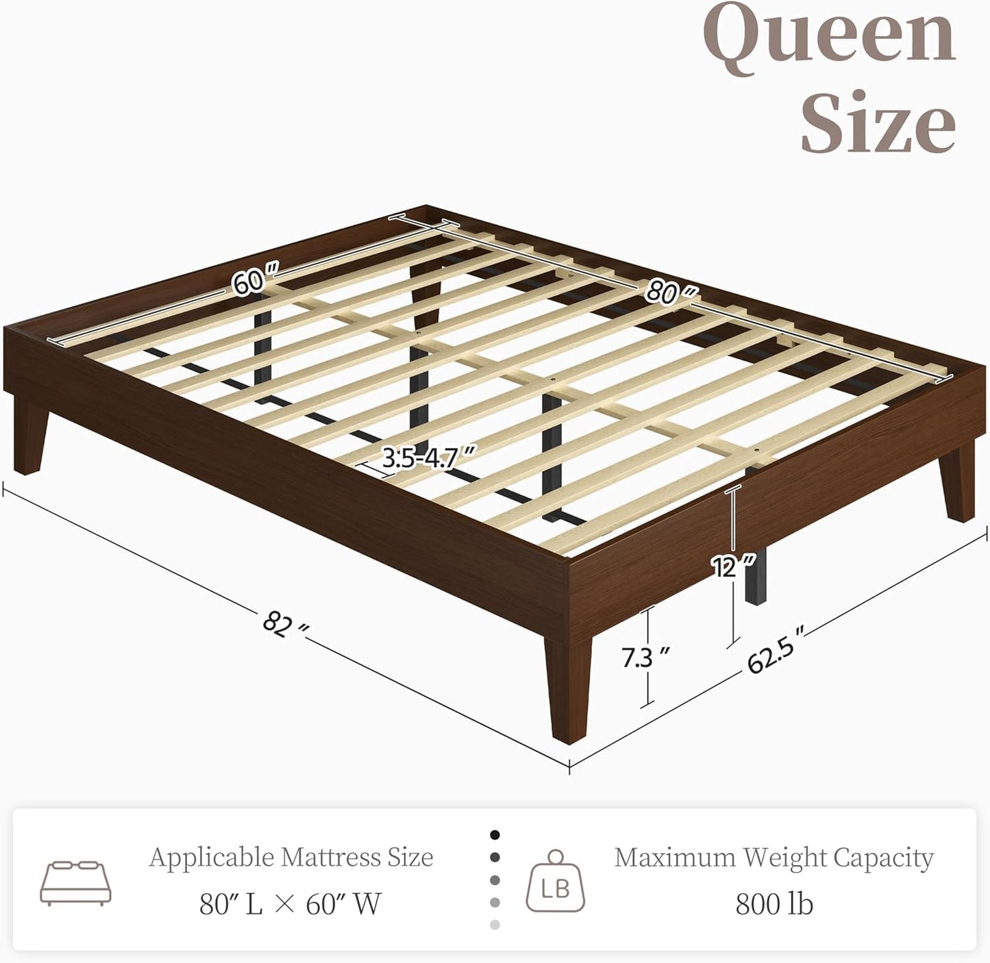 Queen Bed Frame Natural Solid Wood Platform Bed with Wooden Slats Support, 12-Inch Underbed Space for Storage, Noise-Free Design, Easy Assembly, Dark Walnut Finish