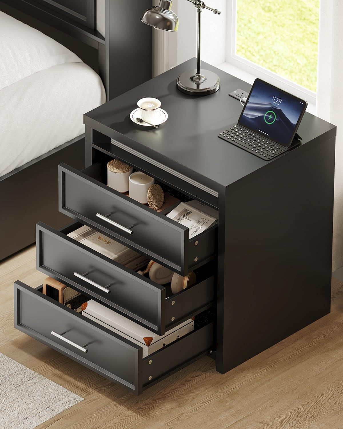 Night Stand with Charging Station,Black Nightstand with 3 Drawer and 3 Color Lightbox, Bedside End Table with Metal Handle for Bedroom (1, Black)