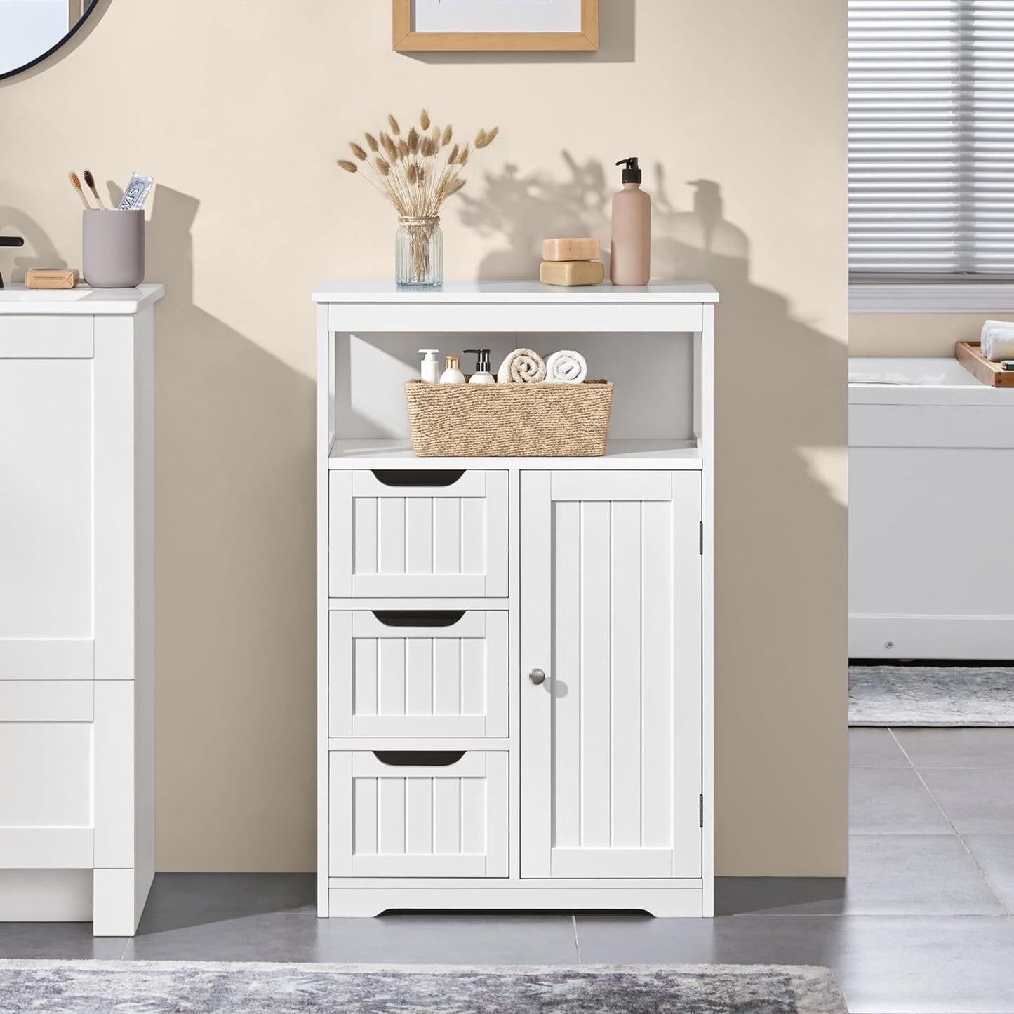Bathroom Floor Cabinet Wooden Storage Organizer with 1 Door and 3 Drawers, Free-Standing Cupboard for Kitchen/Living Room/Bathroom Use, White