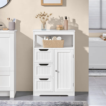 Bathroom Floor Cabinet Wooden Storage Organizer with 1 Door and 3 Drawers, Free-Standing Cupboard for Kitchen/Living Room/Bathroom Use, White