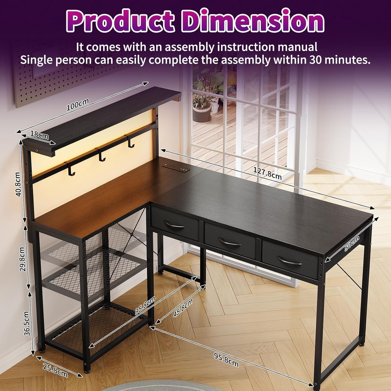 50 Inch L Shaped Gaming Desk with 3 Drawers & Storage Shelves & Hutch, Computer Desk with USB Ports, Study Writing Table for Bedroom, Simple Modern Laptop Desk for Home Office, Black