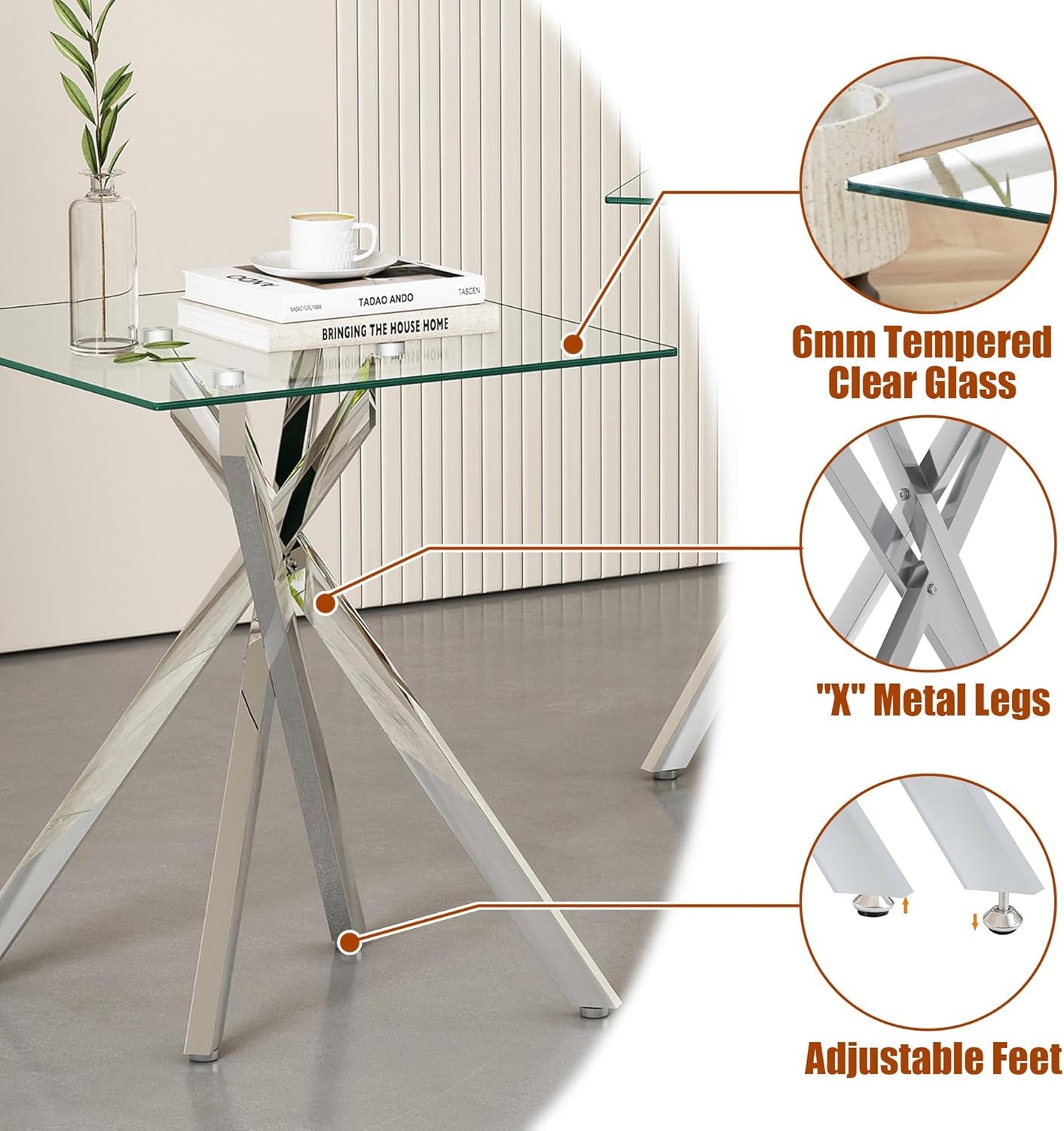 Living Room Set - Glass Coffee Table and 2 End Tables with Modern Design Set of 3 (Small Coffee Table + End Table X2, Silver)