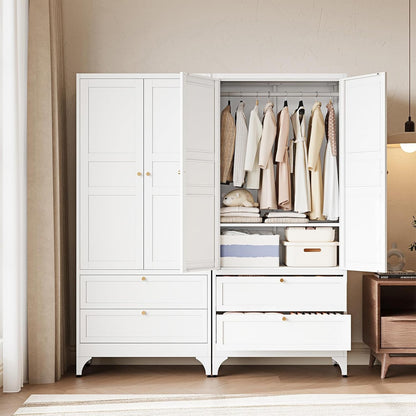Metal Armoire Wardrobe Closet with 2 Drawers,18" Deep Clothing Storage Cabinet with Doors and Shelves,Coat Closet with Hanging Rod,Bedroom,Home,Cloak Room,White