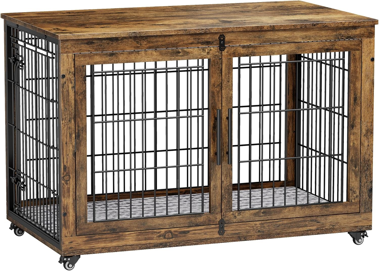 Dog Crate Furniture, XL Wooden Dog Kennel Indoor Double Doors Dog Cage, 44'' Heavy Duty Dog Crate with Cushion & Wheels, Decorative End Table Pet House Chew-Resistant for Large Dogs, Brown