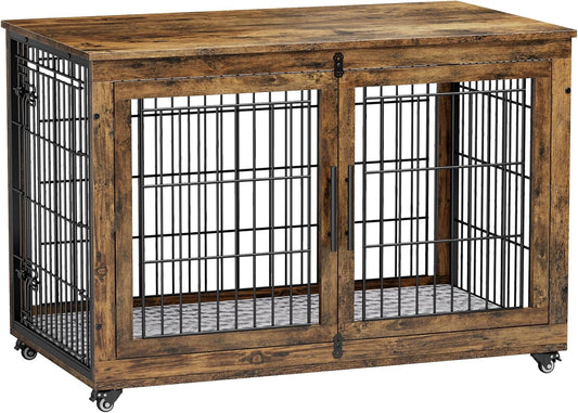 Dog Crate Furniture, XL Wooden Dog Kennel Indoor Double Doors Dog Cage, 44'' Heavy Duty Dog Crate with Cushion & Wheels, Decorative End Table Pet House Chew-Resistant for Large Dogs, Brown