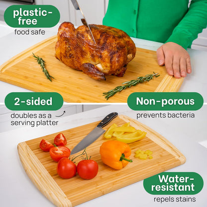 Organic Extra Large Bamboo Cutting Board –18 Inch Reversible Wooden Chopping Board with Juice Groove – Used to Chop, Slice & Serve – Intended for Home Cooks, Families & Entertainers for Meal Time Prep