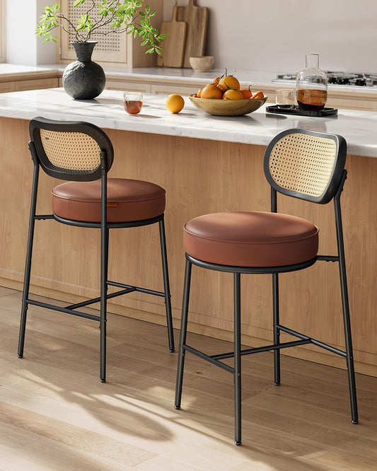 Bar Stools Set of 2, Bar Height Stools with Rattan Back and Metal Legs, 25.1-Inch Tall Counter Chairs, Modern Leather Upholstered Barstools for Kitchen Island Dining Room, Caramel Brown